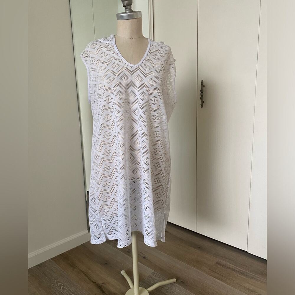 Cherie Woman's White Lace Hooded Swim Cover Up Sheer Beach Pool Resort Size XL